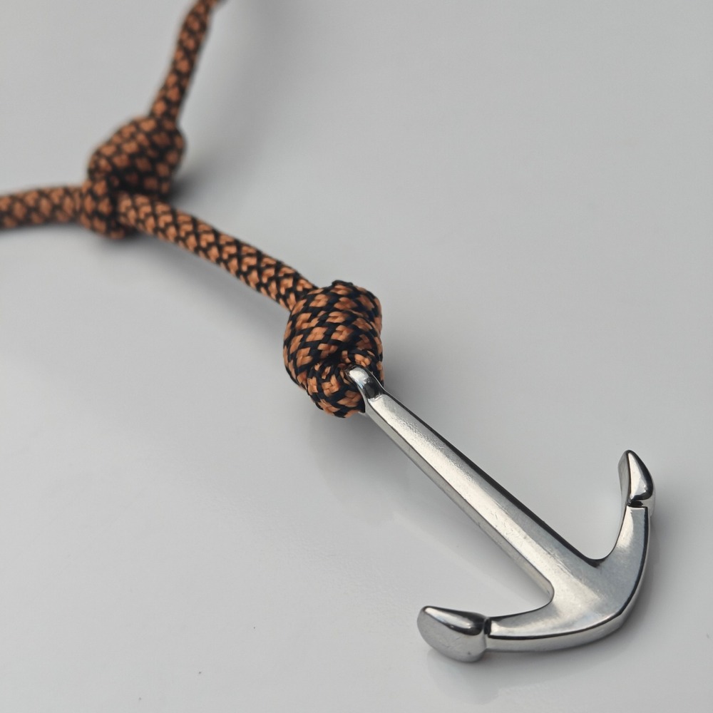 Silver Tone Anchor Pendant Necklace Brown Paracord Cord Nautical Rugged Jewelry - Picture 3 of 4
